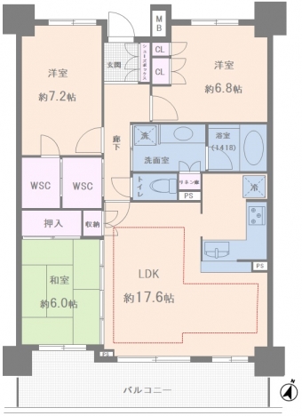 3LDK+2WSC、全居室6帖以上、収納豊富でお部屋を有効的に広く使えます。